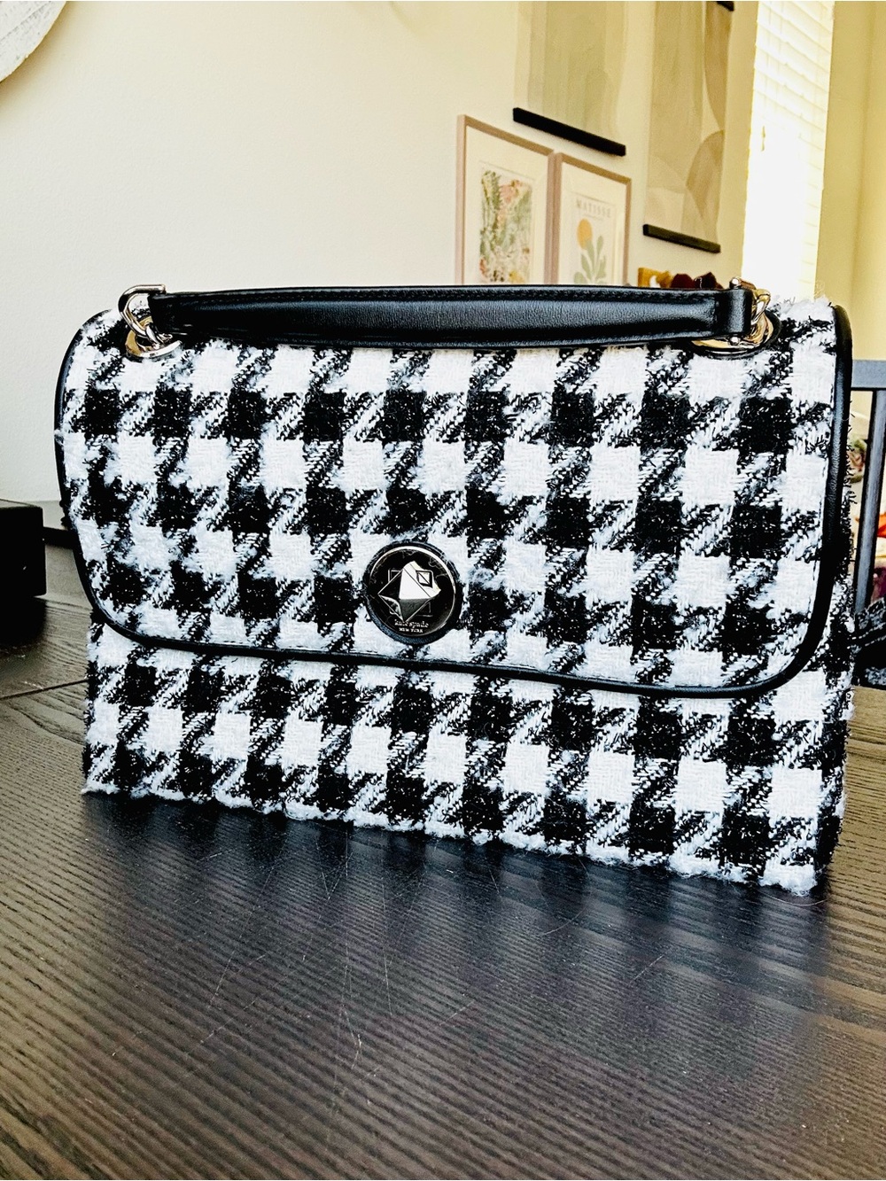 Kate Spade Black White Houndstooth Chain Shoulder Bag Fall Holiday Purse